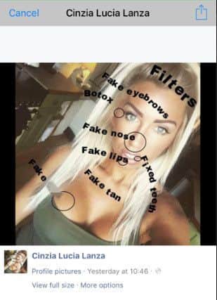 Images from a false Facebook page set up in Cinzia Lanza's name