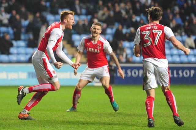 Fleetwood's Cian Bolger celebrates scoring at Coventry