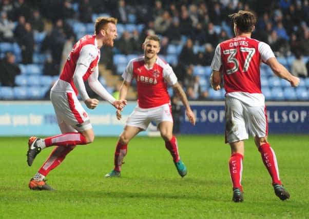 Fleetwood's Cian Bolger celebrates scoring at Coventry