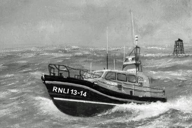 Todays Fleetwood lifeboat, Kenneth James Pierpoint passing Wyre Light in rough seas. Painting by Ken Frost of Bangor, Northern Ireland.