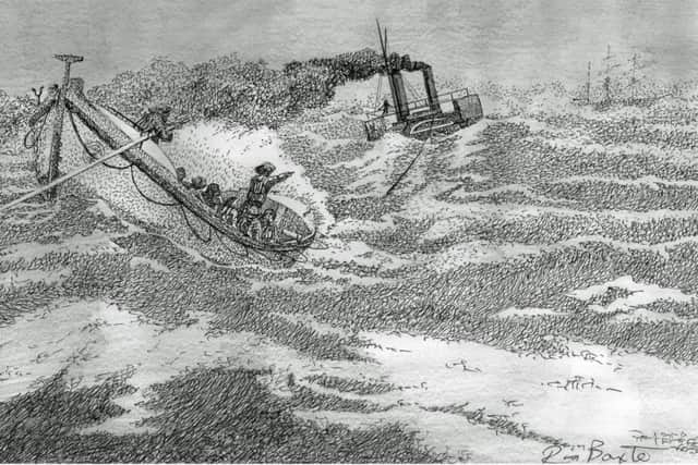 The tug Wardley towing the lifeboat Child of Hale out to the wreck of the barque Labora in 1890 when all 13 onboard were rescued. Illustration in pen and ink by Fleetwood artist Ron Baxter.