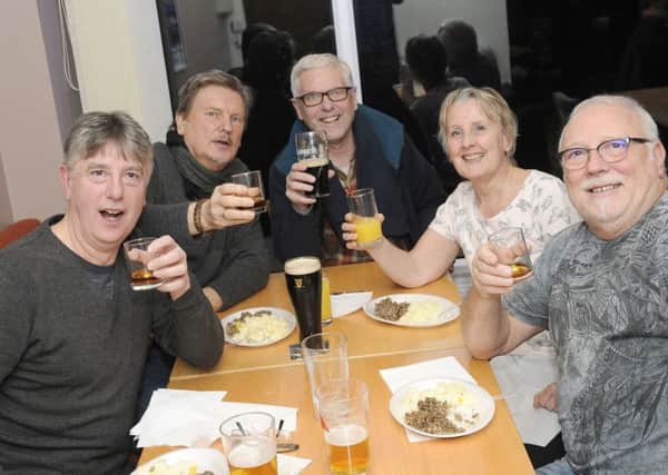 Burns Night celebration at Blackpool Cricket Club.  L-R are George Turner, Dave Bell, Philip Mather, Hazel Billington and Mike Green.