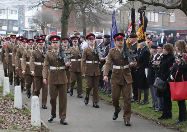 Soldiers arrive to take part in the military funeral of Lance Corporal Scott Hetherington at All Saints and Martyrs Church in Langley, Greater Manchester. PRESS ASSOCIATION Photo. Picture date: Thursday January 26, 2017. The soldier, from the 2nd Battalion The Duke of Lancaster's Regiment, died in a "tragic incident" near Baghdad earlier this month. See PA story DEFENCE Death. Photo credit should read: Danny Lawson/PA Wire