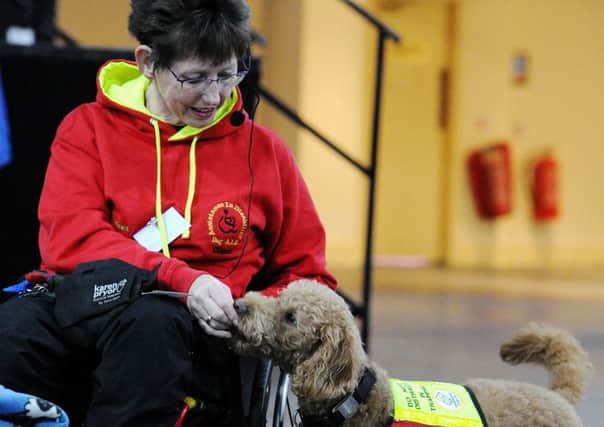 Festival of Working and Assistance Dogs at Norbreck Castle Exhibition Centre, Blackpool. The day included working dog demonstrations, guide dog puppies and dancing dog displays. Deborah Cornwall from Dog Aid with Dillon. Picture by Paul Heyes, Sunday February 04, 2017.
