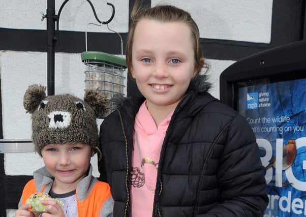 Charlie (left) and Grace Cox at the RSPB Discovery Centre at Fairhaven Lake with some cakes for birds