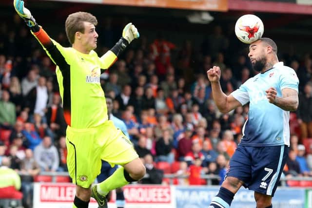 Blackpools Kyle Vassell heads at the Crewe Alexandra goal during Septembers 1-1 draw between the two teams