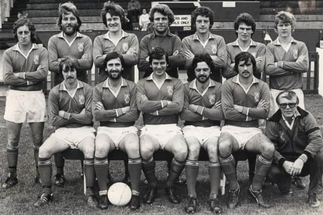 Fleetwood FC in 1979. Back row from left: Steve 'Docker' Brooks, Stuart Robinson, John Hay, Brian Newman, Kevin Gerrard, Bobby Cuthbertson, Paul Dawson. Front row from left: John Brownwood, Jimmy Moseley (captain), Alan Tinsley (player/ commercial manager), Alan Watson, Dave Barnes, Mel Denning (assistant manager)