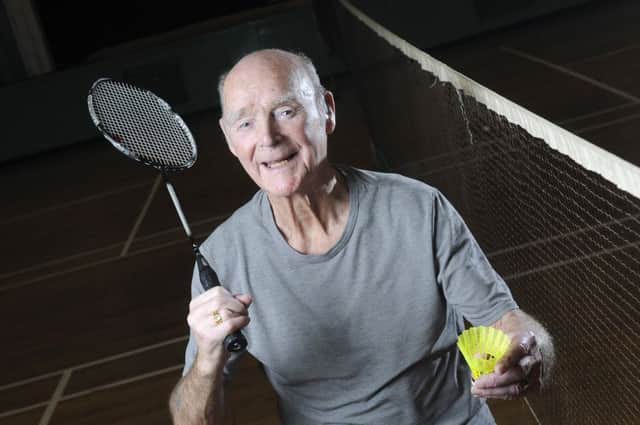 90-year-old Jack McIlroy celebrates his birthday playing badminton with fellow members of the All Hallows Church Tueday Afternoon Badminton Club