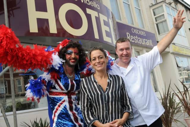 Previous owners John Downer and Neil Williams with  Alex Polizzi, presenter of the Hotel Inspector TV show,  when it was The Vidella hotel.