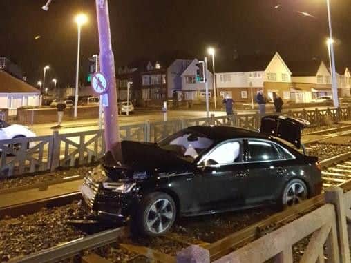 An Audi smashed into a pylon on the tram tracks at Cleveleys