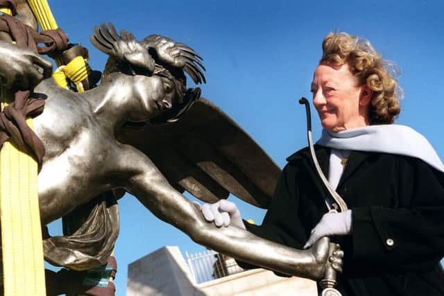Pic shows Doreen Lofthouse with the  Eros statue about to go aloft in Fleetwood