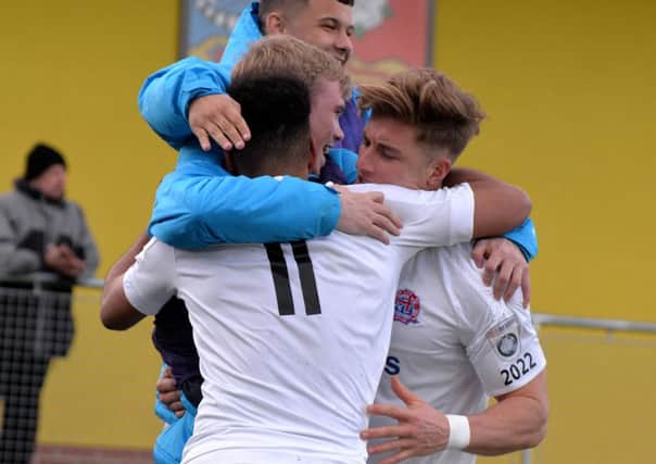 Fylde celebrate their equaliser at Harrogate
