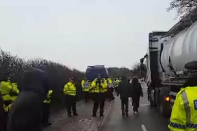 The lorry was forced to stop and block a lane of Preston New Road while the protester waved his placard from the top of the lorry.
