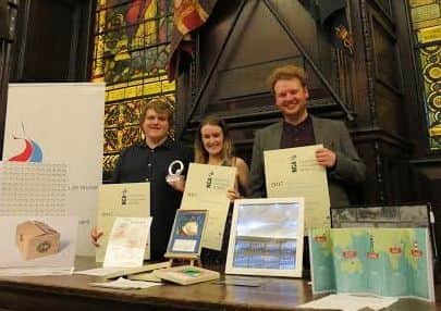 B & FC undergraduates Matt Swift, India Chick and James Wilson with their certificates and designs at the 2017 Calendar Awards in London