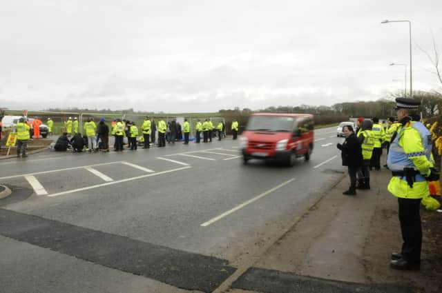 Police and protesters at the Preston New Road fracking site