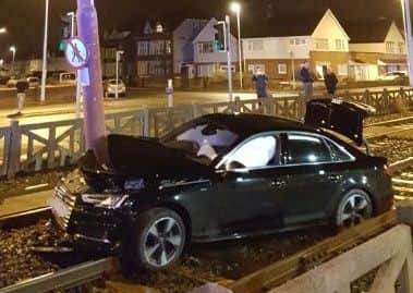 The aftermath of a crash in Anchorsholme in which an Audi, driven by Mehboob Elahi, smashed into an electricity pole on the tram lines