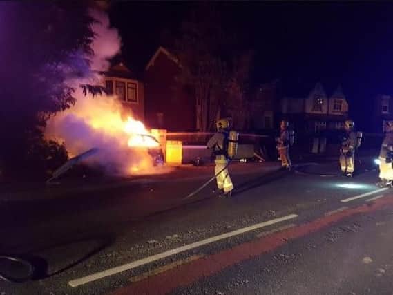 The car went up in flames and crews from Bispham and Blackpool were alerted via a 999 call.