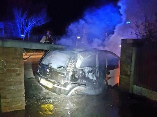The car went up in flames and crews from Bispham and Blackpool were alerted via a 999 call.