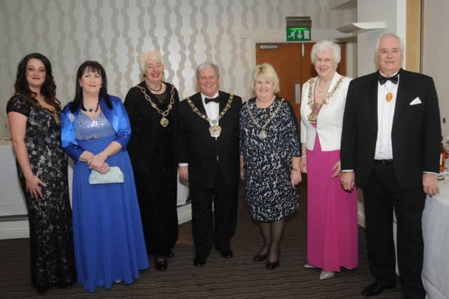 Mayoress of Fylde Miss Helen Akeroyd, Mrs Eve Bagnall, Deputy Mayor of Fylde Councillor Angela Jacques, Mayor of Wyre Councillor Terry Lees, County Councillor Janice Hanson Chairman of Lancashire County Council, Mayor of Fylde Councillor Christine Akeroyd, Mr John Hanson Consort to Chairman of Lancashire County Council
At the Fylde Mayor's ball, at Ribby Hall, Wrea Green