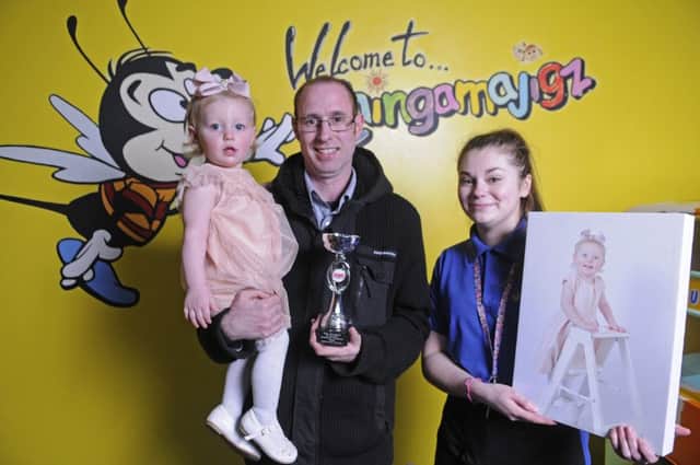 Top Tots winner Isabelle-Sofia Pritchard with dad Daniel Pritchard and Megan Valentine-Lynden from Thingamajigz