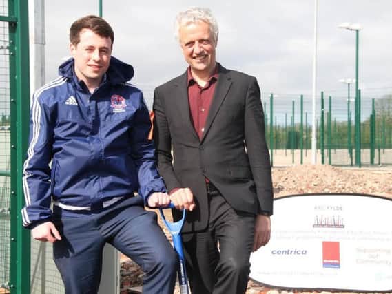 Tom Hutton, director of community development at the AFC Fylde Community Foundation, and Cuadrilla CEO Francis Egan at the laying of the foundations for the new 400,000 Education Centre at Mill Fam