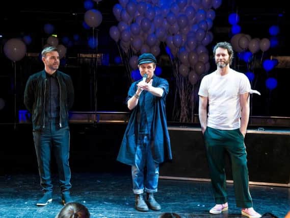 Take That stars Gary Barlow, Mark Owen and Howard Donald at Manchester Apollo for the launch of their new musical, The Band