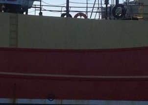 Survey vessel Fairline Surveyor is alongside Fleetwood trawler Mi-amor, from where this pictures was taken.