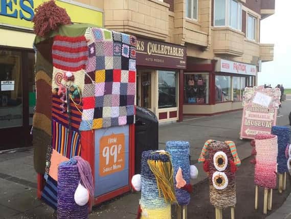 The yarn-bombed telephone box outside Notarianni's in Waterloo Road Blackpool