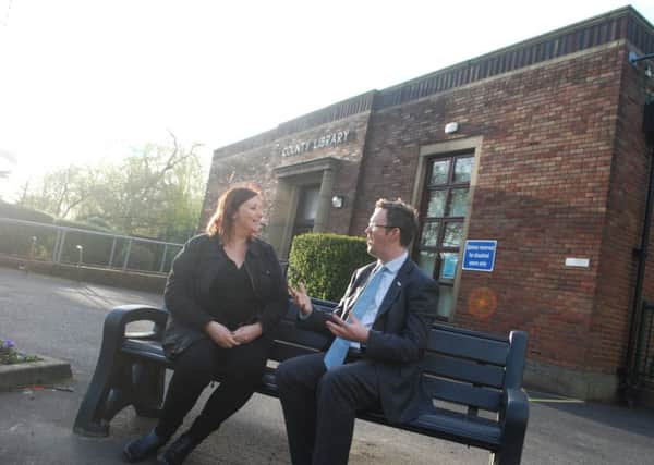 Paul Maynard MP discusses the future of local libraries with Emma Ellison of Thornton Cleveleys Gala Committee