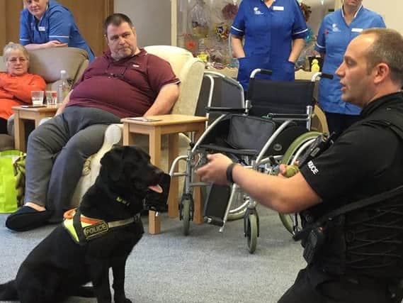 PC Pete Crowther from the Lancashire Police Dog Unit took Daisy and Zeus on a special afternoon visit to day care patients at Trinity Hospice