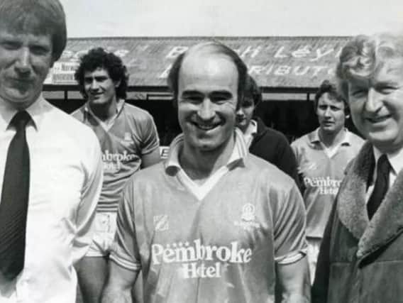 Peter Noble on his last day as a Blackpool player, flanked by manager Sam Ellis and chairman Ken Chadwick