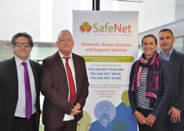 Pictured at the launch of Lancashires first safe house for male victims of domestic abuse in Burnley are, from left to right, Mark Brooks, Ian McNicholl, Karen Ainsworth (chair of SafeNet Board), Anthony Duerden (chief executive of The Calico Group)