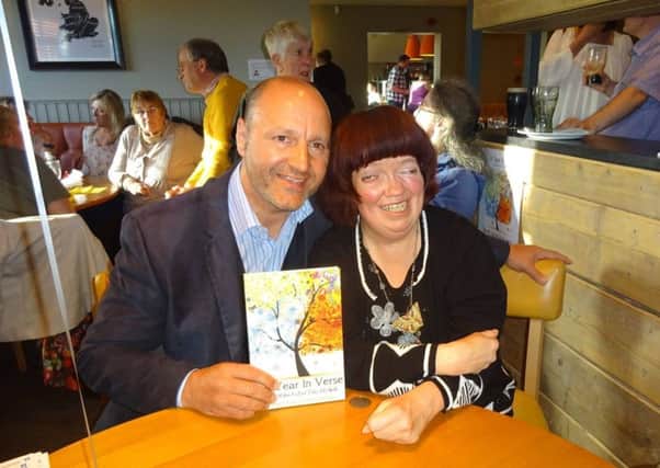 Writer Di Wade, on the launch of her poetry book, with Mark Langley at the Red Lion in Bispham