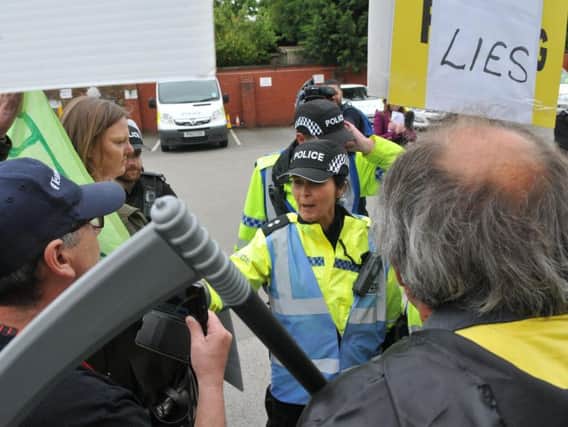 Police and anti-fracking protesters at Kirkham Police Station