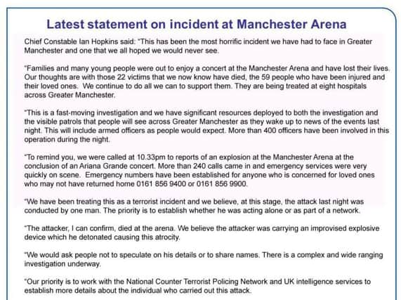 Latest statement on incident at Manchester Arena