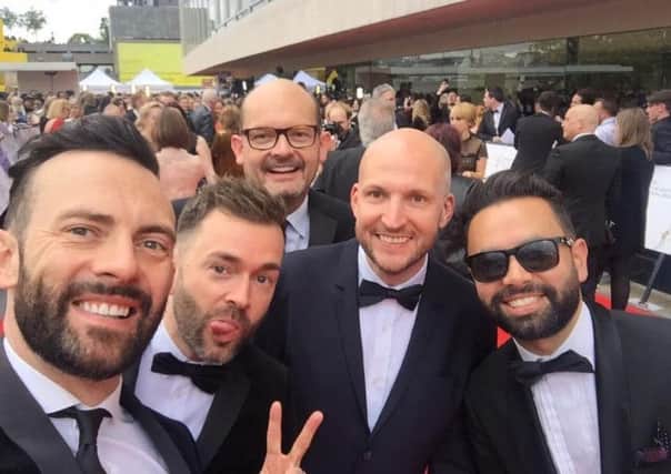 Saturday Night Takeaway executive producer Pete Ogden (left) and series producer Saul Fearnley (second left) with fellow crew members line producer Marcus McKinley (centre back), writer Andy Milligan (second right) and series producer Diego Rincon (right) at the BAFTA awards