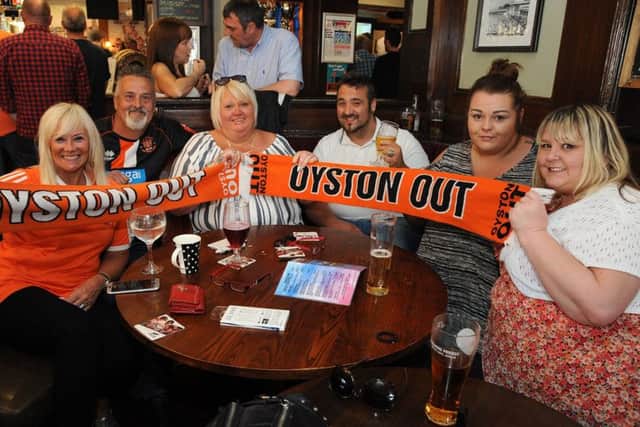 With only 5000 or so fans heading to Wembley for Blackpool's play-off final against Exeter, hundreds of supporters packed the Boar's Head pub in Marton to watch the game on TV.
The protest continues with L-R: Kay Allen, Neil Clark, Leanne Benson, Connor and Tyla Benson-Clark, and Andrea McGill.  PIC BY ROB LOCK
28-5-2017