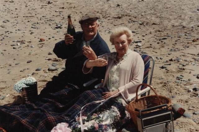 Fleetwood beach, in July 1996. Edward and June Whitfield while filming Common As Muck