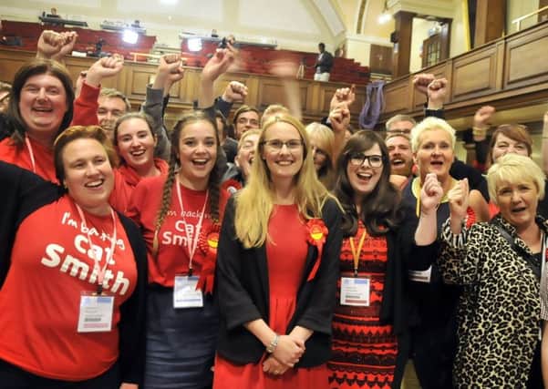 Cat Smith and her supporters celebrate at Lancaster Town Hall