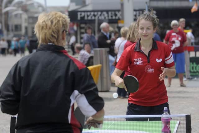 Outdoor table tennis in St John's Square.  Pictured is England's no 3 ranked lady Karina Le Fevre.