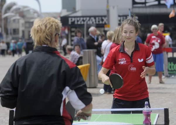Outdoor table tennis in St John's Square.  Pictured is England's no 3 ranked lady Karina Le Fevre.