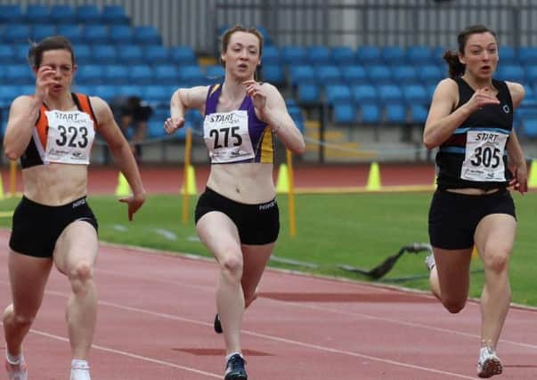 The 100m heats featuring Katy Wyper (323), Alice McMahon (275) and Anna Short (305)