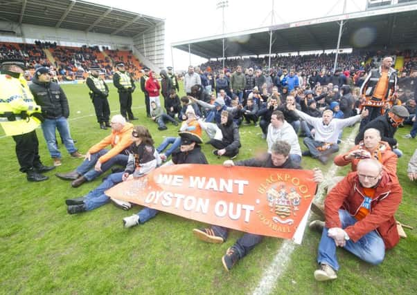 Blackpool fans stage a protest and pitch invasion against the running of the club by owner Owen Oyston in 2015. The match was later abandoned by referee Mick Russell  (Pic: Stephen White/Camerasport)
