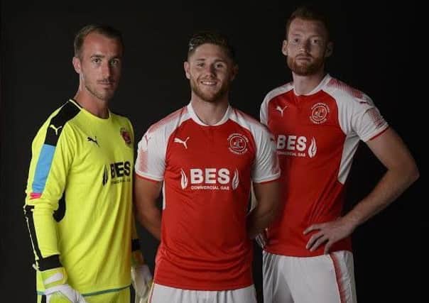 Alex Cairns, Wes Burns and Cian Bolger model Fleetwood Town's new 2017/18 League One kit. Fleetwood Town FC official photo.