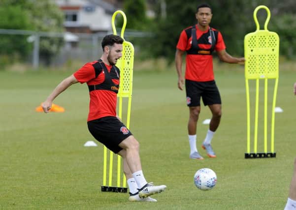 Fleetwood Town FC pre-season training. New loan signing Lewie Coyle in action.