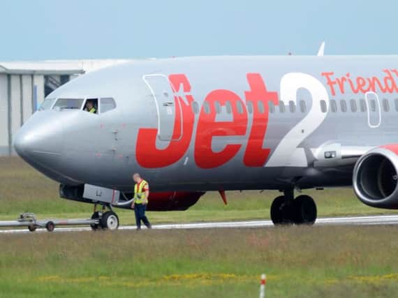 A Jet 2 aircraft at Blackpool Airport before large commercial passenger flights ended in October 2014