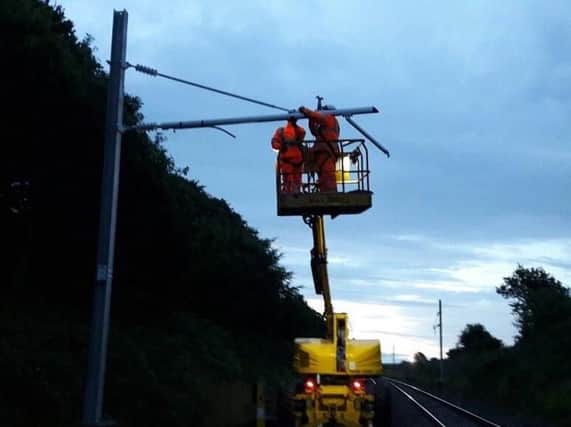 Overhead equipment being installed between Preston and Blackpool
