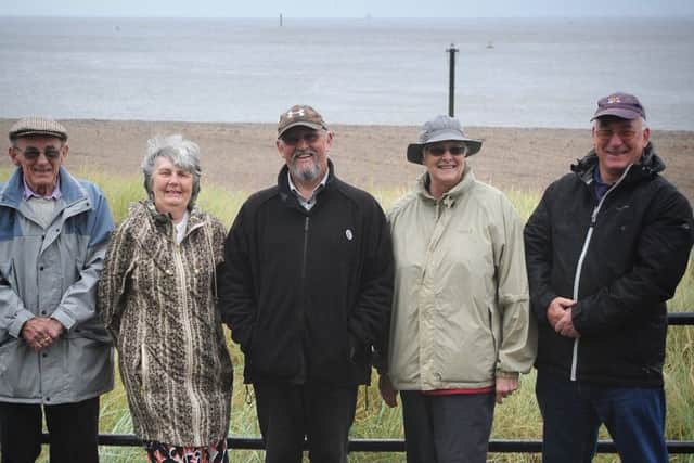 Fleetwood Civic Society tried to rescue the Wyre Light lighthouse in Morecambe Bay, before it fell further into disrepair.
Pictured L-R are: Ken and Margaret Daniels, William Hargreaves, Yvonne and Iain Johnstone (NOTE TO RICHARD- the Light was utterly obscured by rain and mist!).  PIC BY ROB LOCK
19-8-2016