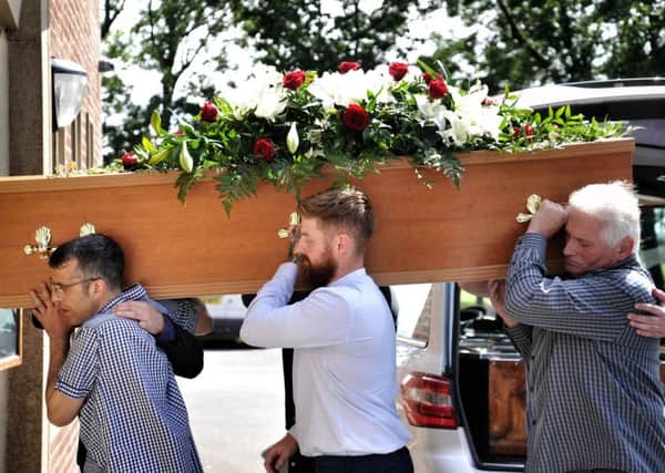 Picture by Julian Brown 31/07/17



Funeral at Carleton Cemetery & Crematorium,  Poulton-le-Fylde of Blackpool man Michael Rhodes who was killed with a single punch.