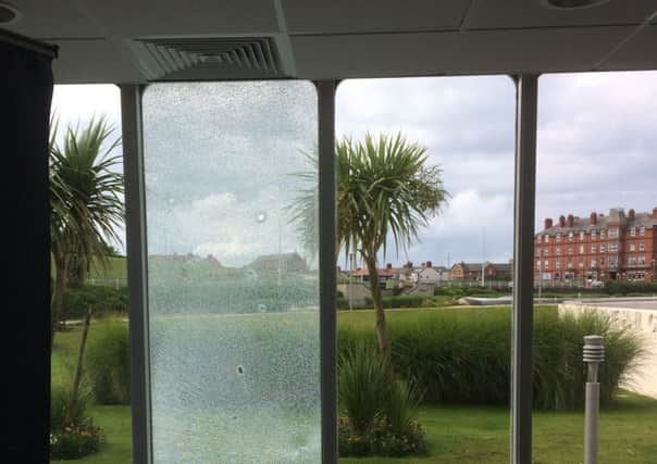 One of the smashed vwindows at the Marine Hall in Fleetwood.